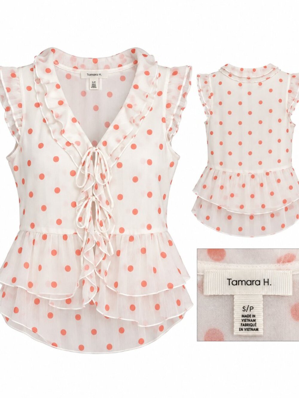 Tamara H White Coral Polka Dot Ruffle Peplum Blouse Size S/P